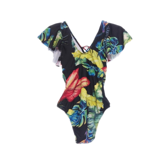 Peddney One Piece Tropical Lace Up Plunge Flounce Sleeve Bathing Suit Womens S - Picture 5 of 5